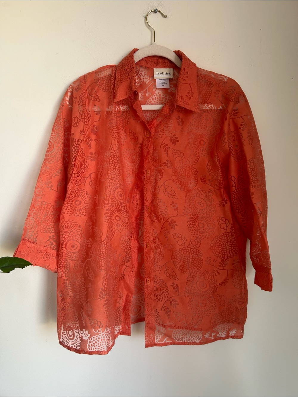 Sheer Orange Floral Button-Up Shirt
